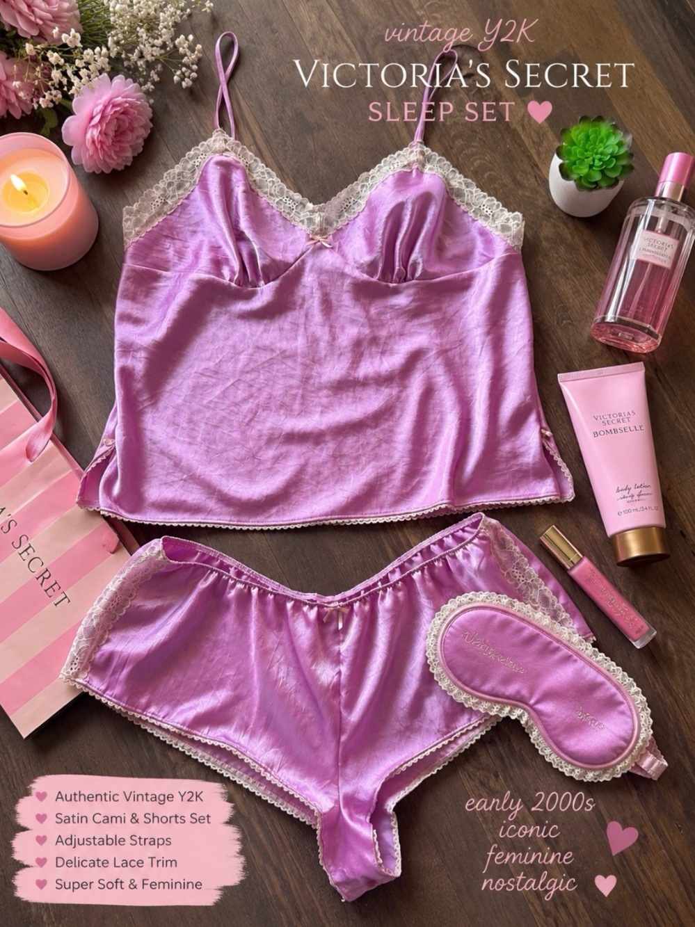 Victoria's Secret Lilac Satin Cami & Short Sleep Set with Cream Lace